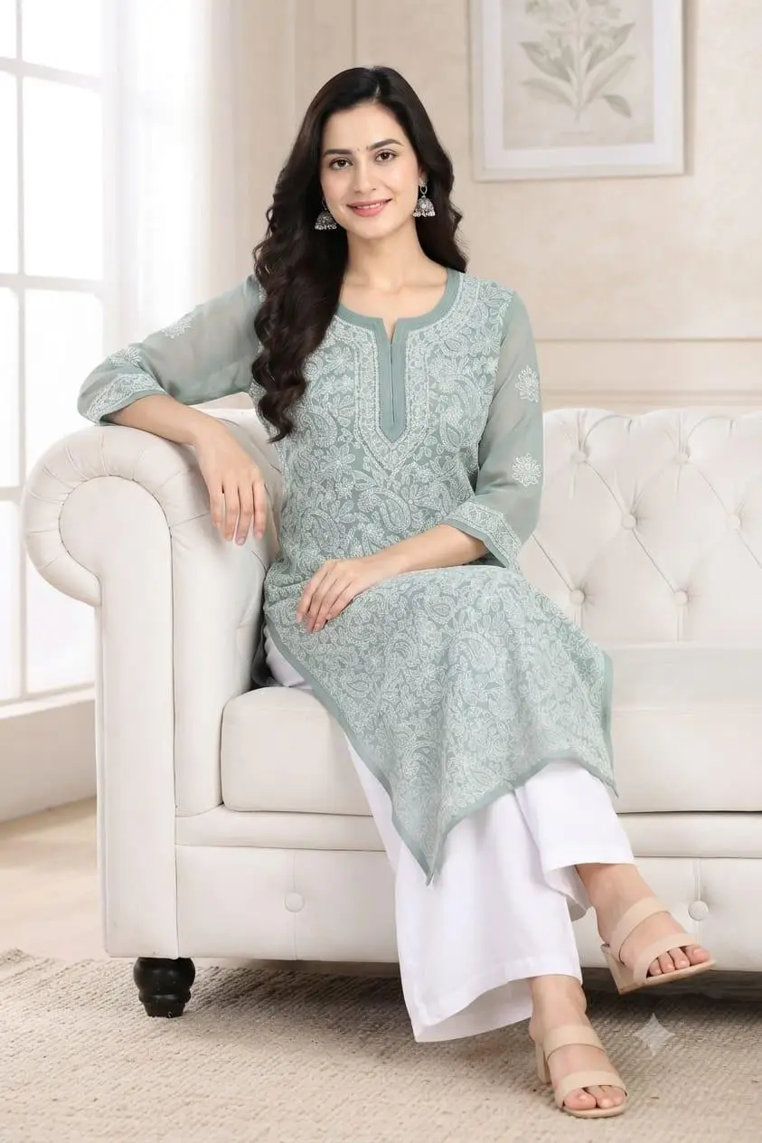 LCF CHIKAN EMBROIDERY CHIFFON LONG KURTI - GREY view 3