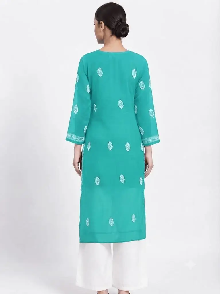 LCF CHIKAN EMBROIDERY CHIFFON LONG KURTI - SEA GREEN view 2