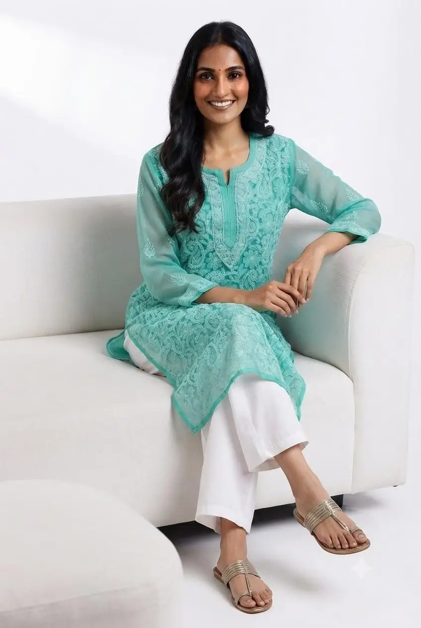LCF CHIKAN EMBROIDERY CHIFFON LONG KURTI - SEA GREEN view 3
