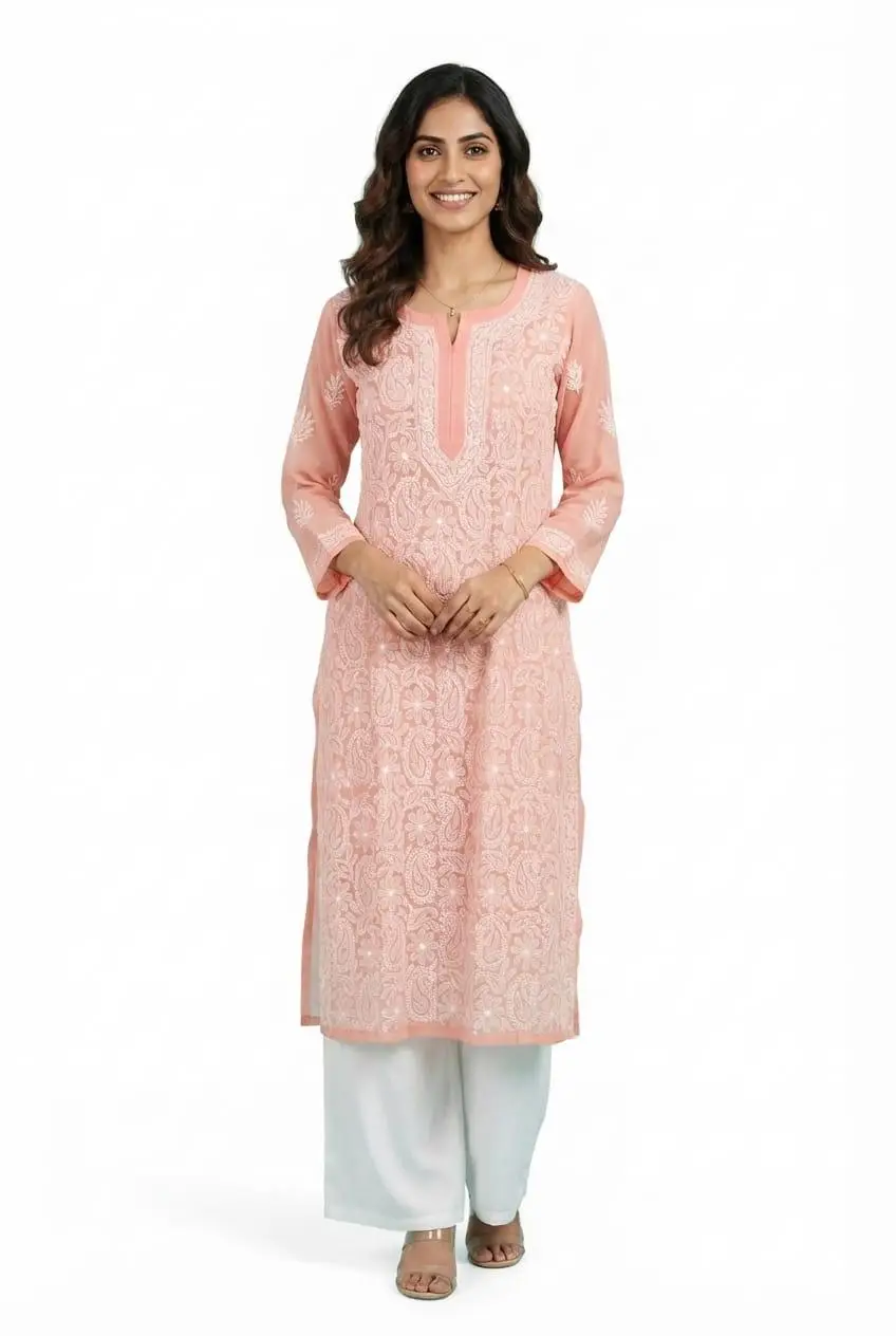 LCF CHIKAN EMBROIDERY CHIFFON LONG KURTI - LIGHT PEACH