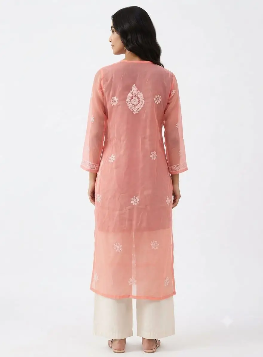 LCF CHIKAN EMBROIDERY CHIFFON LONG KURTI - LIGHT PEACH view 2
