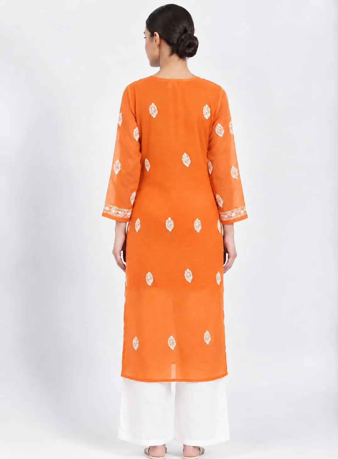 LCF CHIKAN EMBROIDERY CHIFFON LONG KURTI -ORANGE view 2