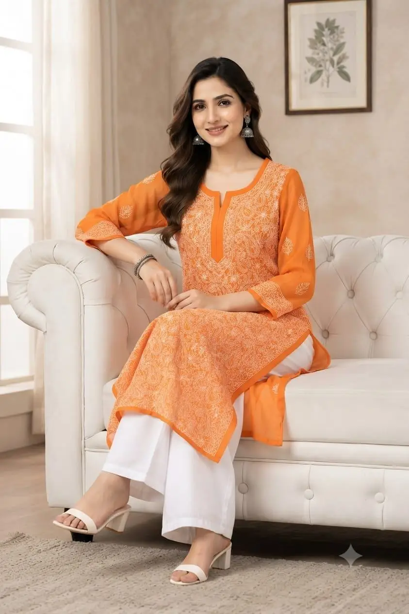 LCF CHIKAN EMBROIDERY CHIFFON LONG KURTI -ORANGE view 3