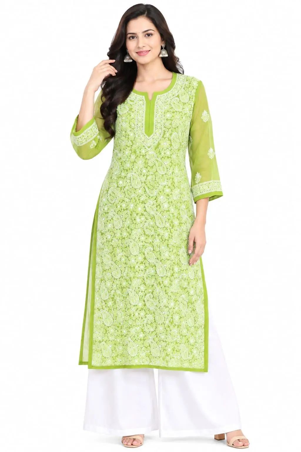 LCF CHIKAN EMBROIDERY CHIFFON LONG KURTI - GREEN