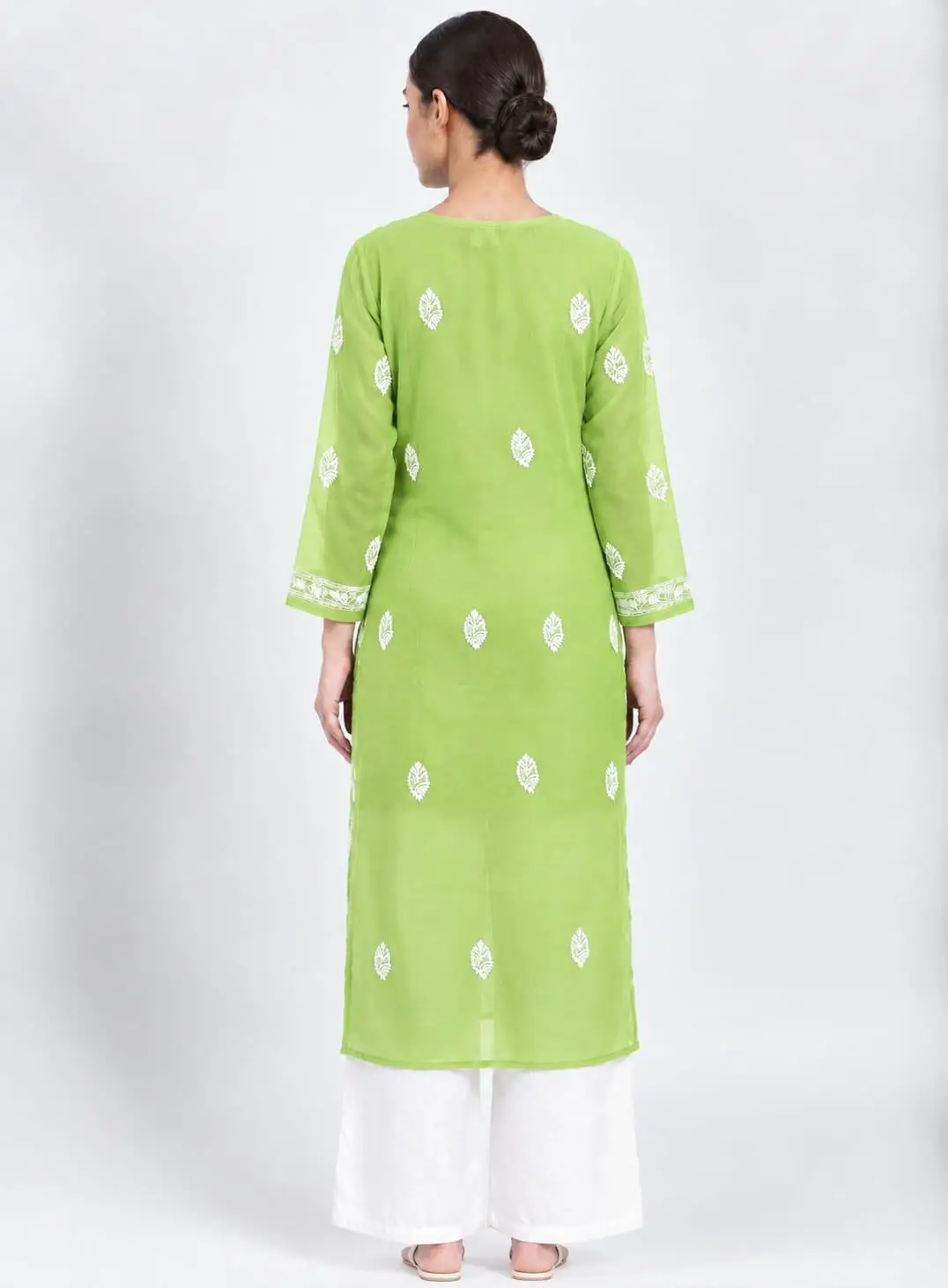 LCF CHIKAN EMBROIDERY CHIFFON LONG KURTI - GREEN view 2
