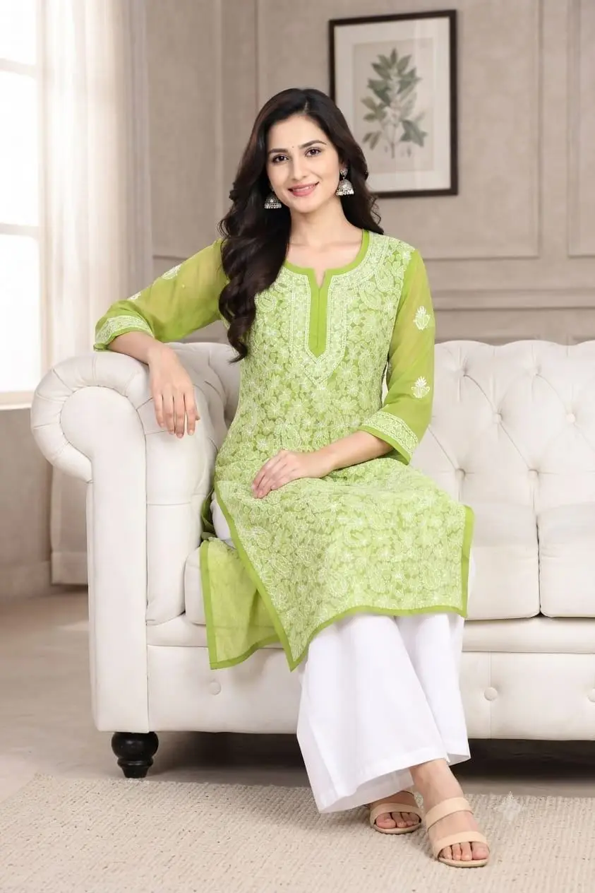 LCF CHIKAN EMBROIDERY CHIFFON LONG KURTI - GREEN view 3