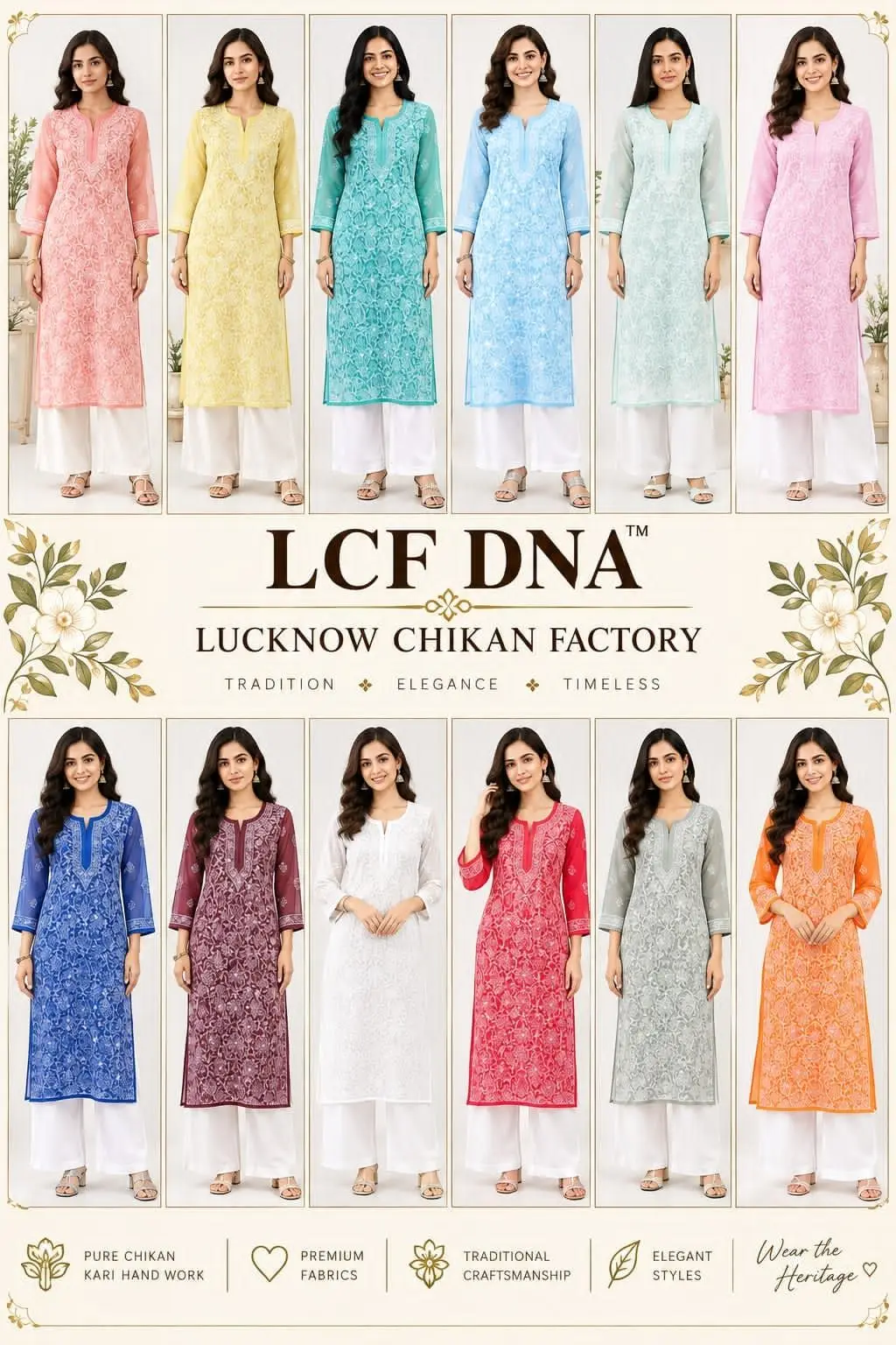 LCF CHIKAN EMBROIDERY CHIFFON LONG KURTI - GREEN view 4