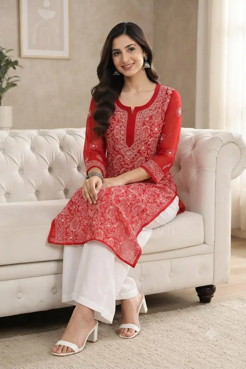 LCF CHIKAN EMBROIDERY CHIFFON LONG KURTI - RED view 2