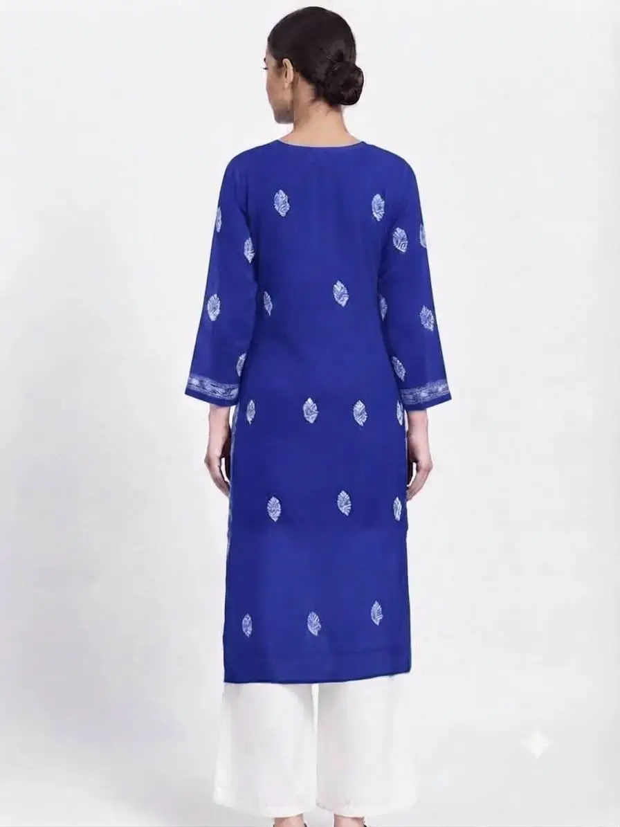 LCF CHIKAN EMBROIDERY CHIFFON LONG KURTI - ROYAL BLUE view 2