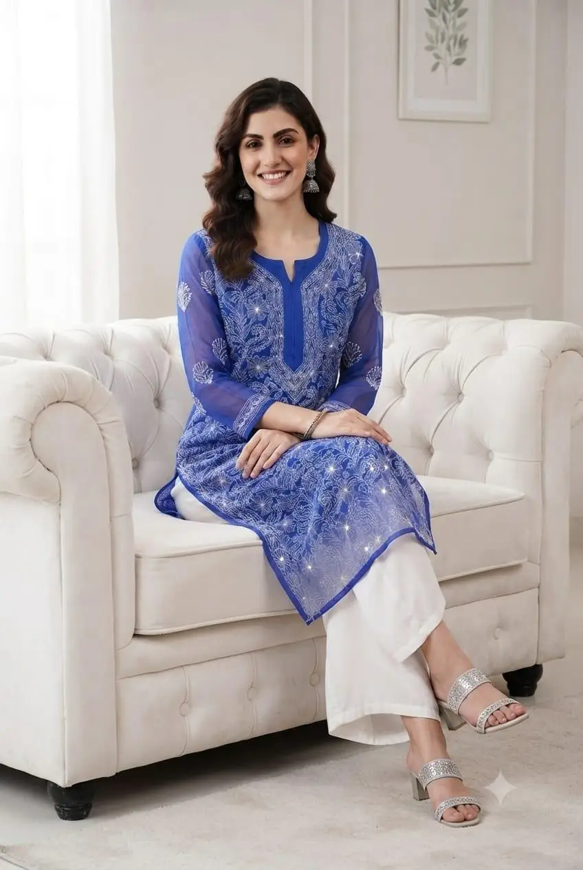LCF CHIKAN EMBROIDERY CHIFFON LONG KURTI - ROYAL BLUE view 3