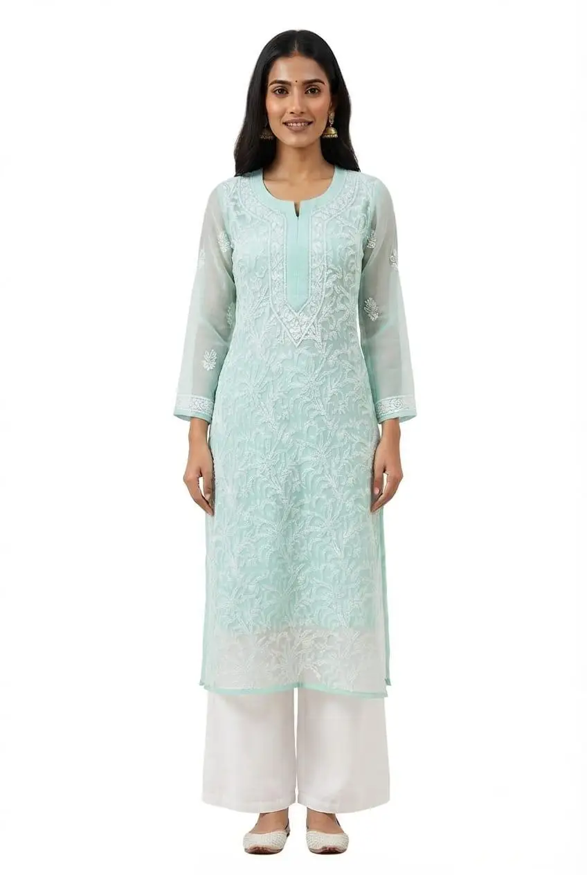 LCF CHIKAN EMBROIDERY CHIFFON LONG KURTI - LIGHT SEA GREEN