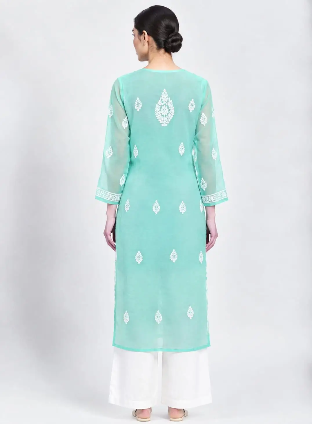LCF CHIKAN EMBROIDERY CHIFFON LONG KURTI - LIGHT SEA GREEN view 2