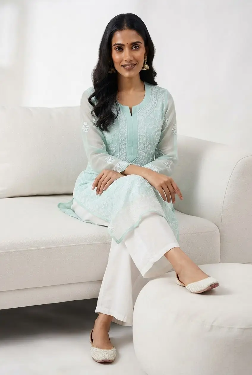 LCF CHIKAN EMBROIDERY CHIFFON LONG KURTI - LIGHT SEA GREEN view 3