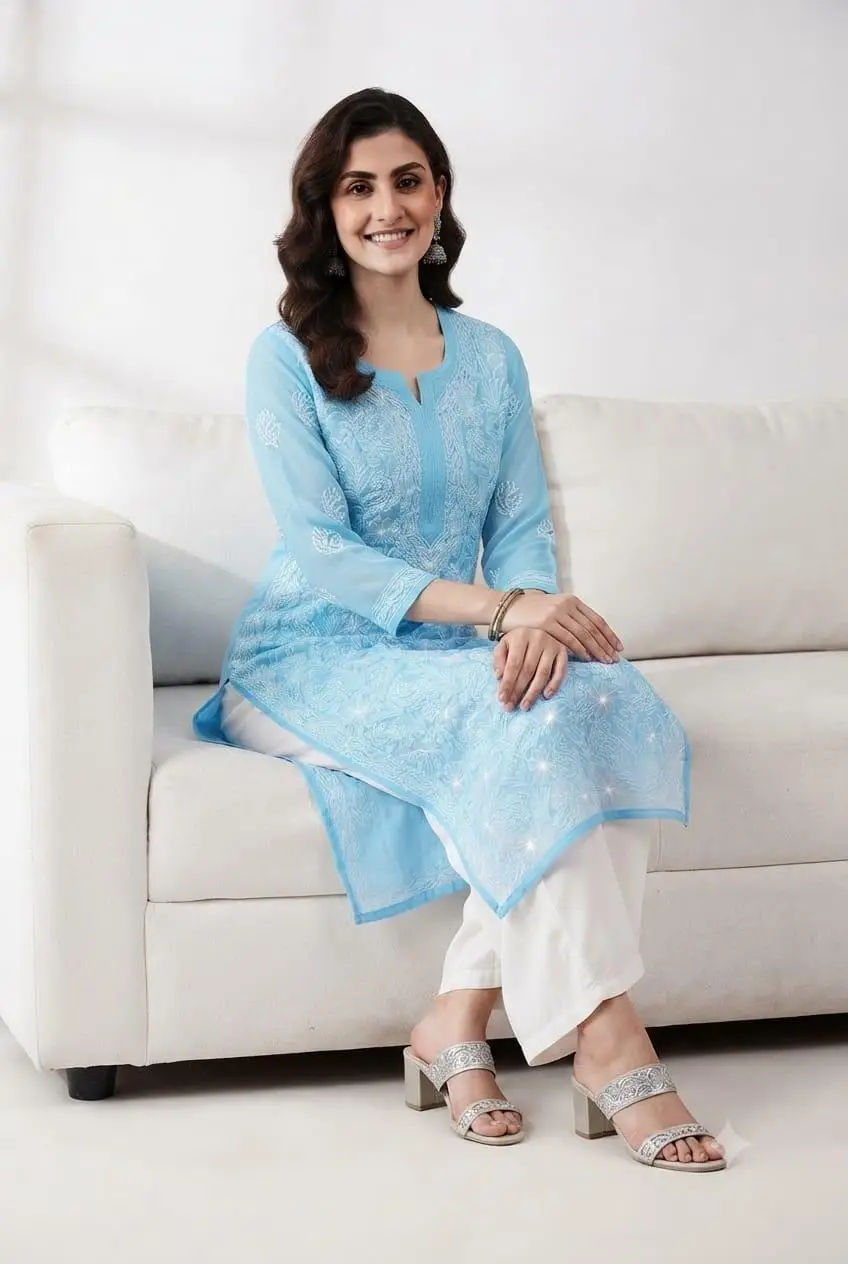 LCF CHIKAN EMBROIDERY CHIFFON LONG KURTI -SKY BLUE view 2