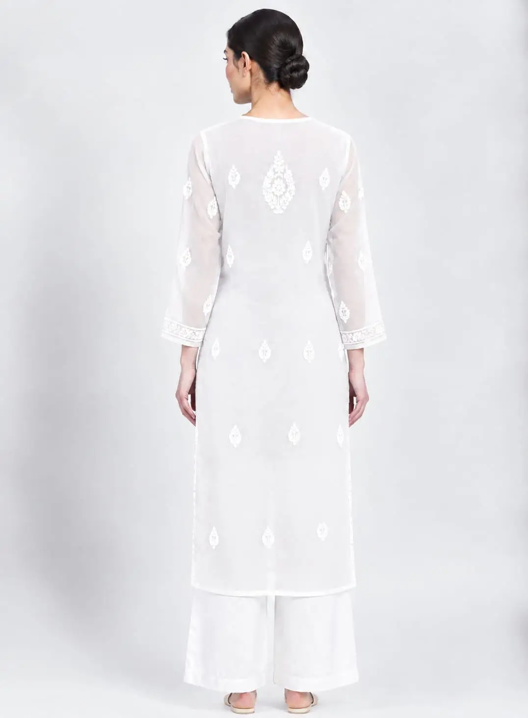 LCF CHIKAN EMBROIDERY CHIFFON LONG KURTI -WHITE view 2