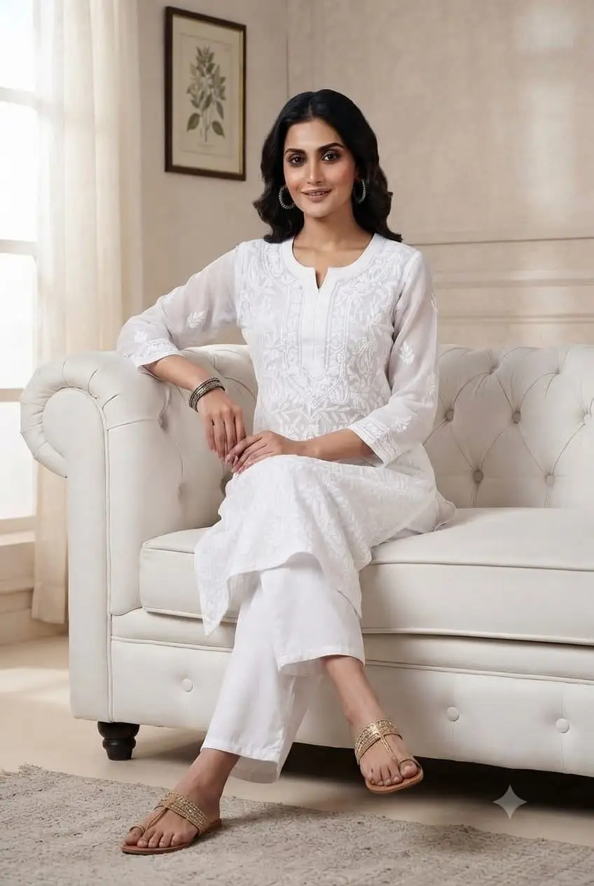 LCF CHIKAN EMBROIDERY CHIFFON LONG KURTI -WHITE view 3
