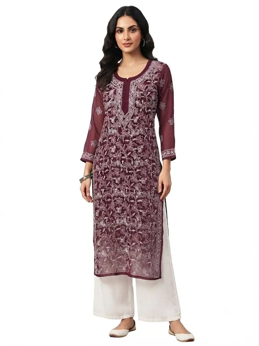 LCF CHIKAN EMBROIDERY CHIFFON LONG KURTI -WINE