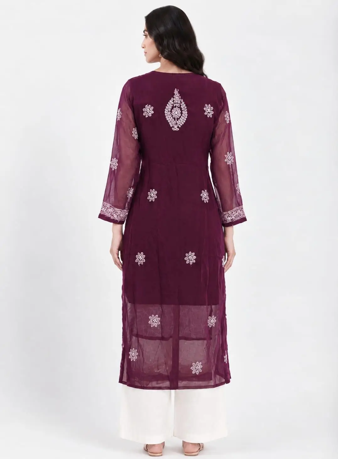 LCF CHIKAN EMBROIDERY CHIFFON LONG KURTI -WINE view 2
