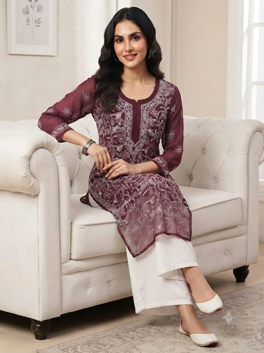 LCF CHIKAN EMBROIDERY CHIFFON LONG KURTI -WINE view 3