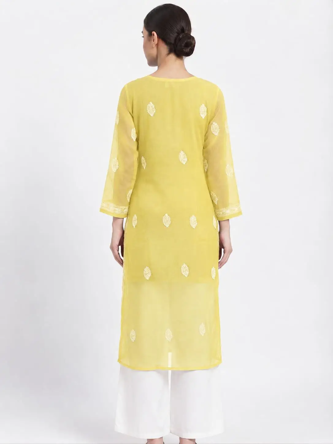 LCF CHIKAN EMBROIDERY CHIFFON LONG KURTI - YELLOW view 2
