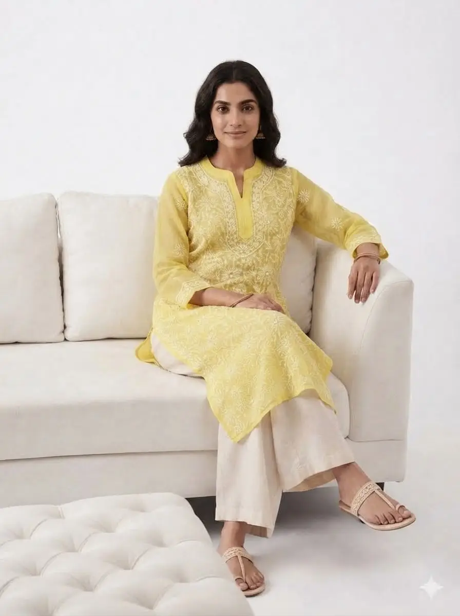 LCF CHIKAN EMBROIDERY CHIFFON LONG KURTI - YELLOW view 3