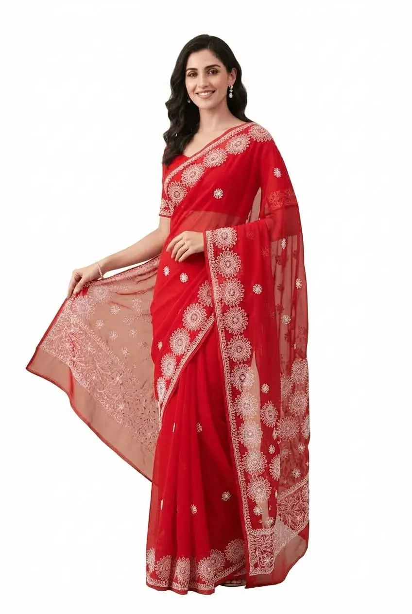 LCF CHIKAN EMBROIDERY CHIFFON SAREE - RED