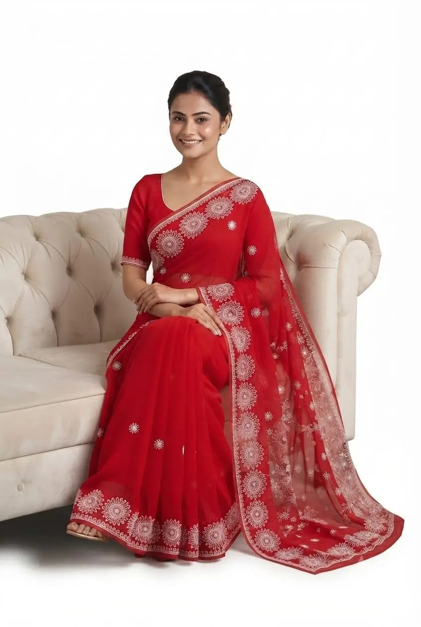LCF CHIKAN EMBROIDERY CHIFFON SAREE - RED view 2