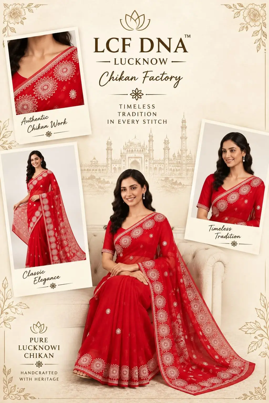 LCF CHIKAN EMBROIDERY CHIFFON SAREE - RED view 3
