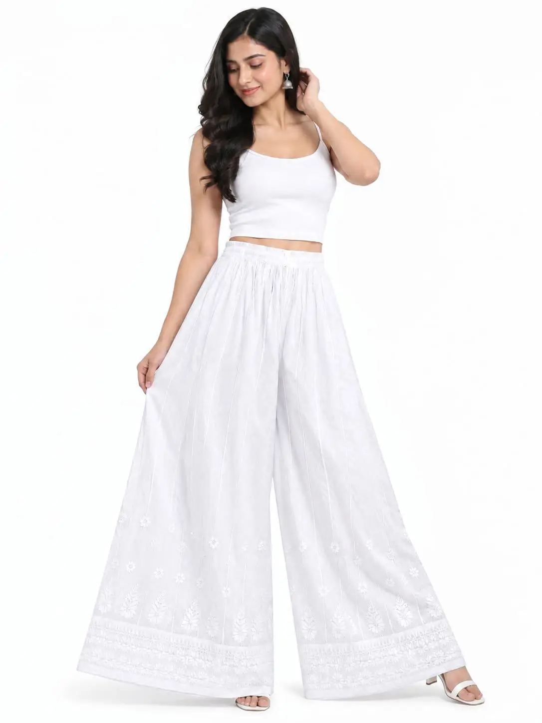 LCF CHIKAN EMBROIDERY MAL COTTON SHARARA - WHITE