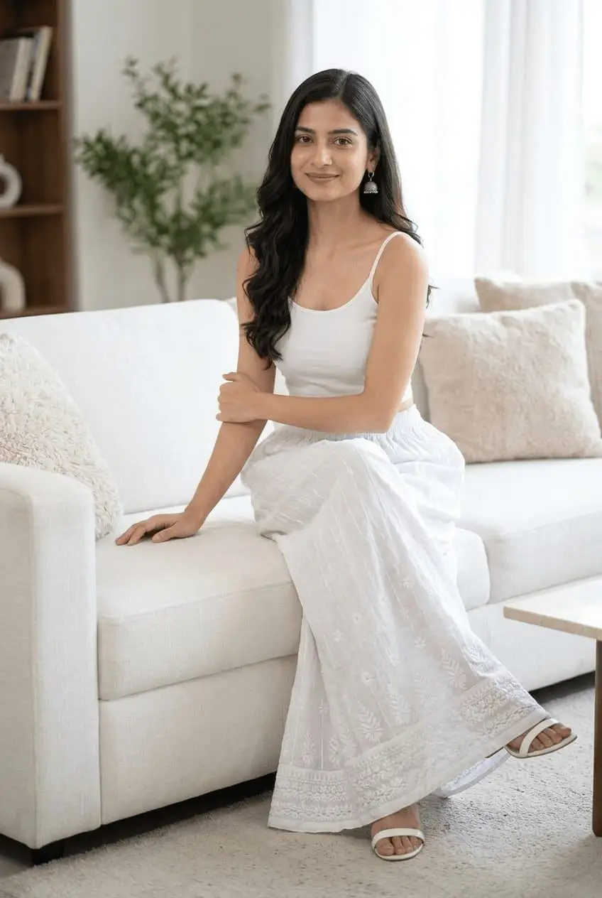 LCF CHIKAN EMBROIDERY MAL COTTON SHARARA - WHITE view 4