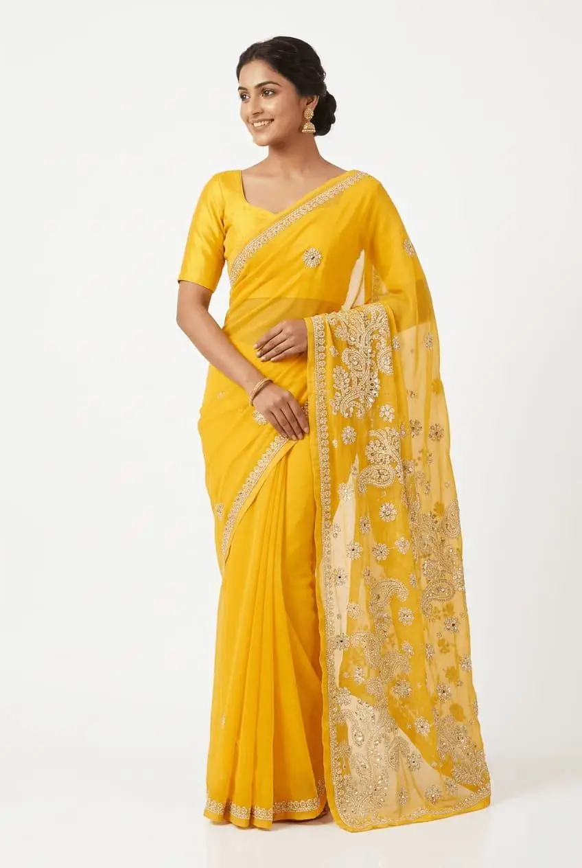 LCF CHIKAN EMBROIDERY CHIFFON SAREE - YELLOW