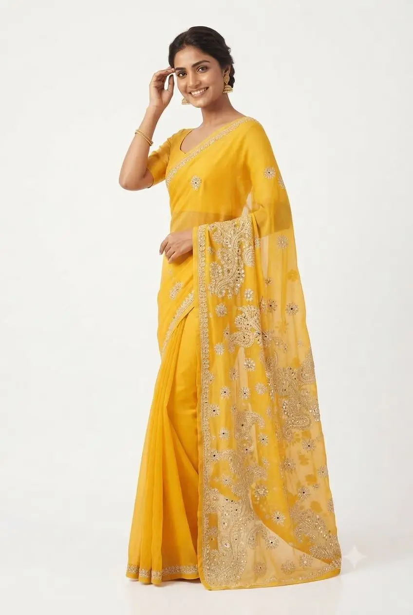 LCF CHIKAN EMBROIDERY CHIFFON SAREE - YELLOW view 2