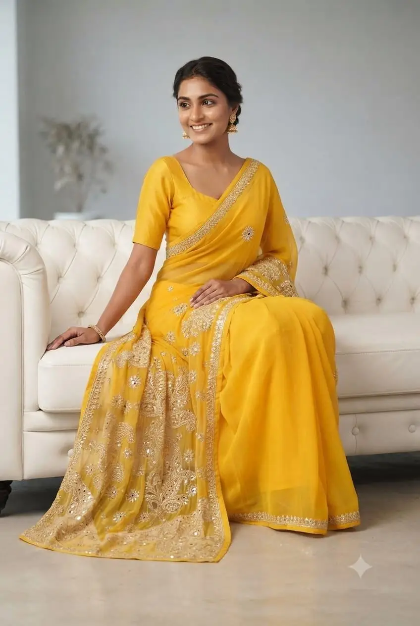 LCF CHIKAN EMBROIDERY CHIFFON SAREE - YELLOW view 3