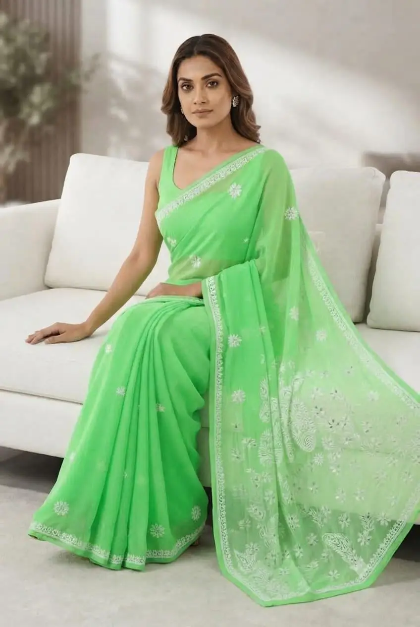 LCF CHIKAN EMBROIDERY CHIFFON SAREE - GREEN view 2