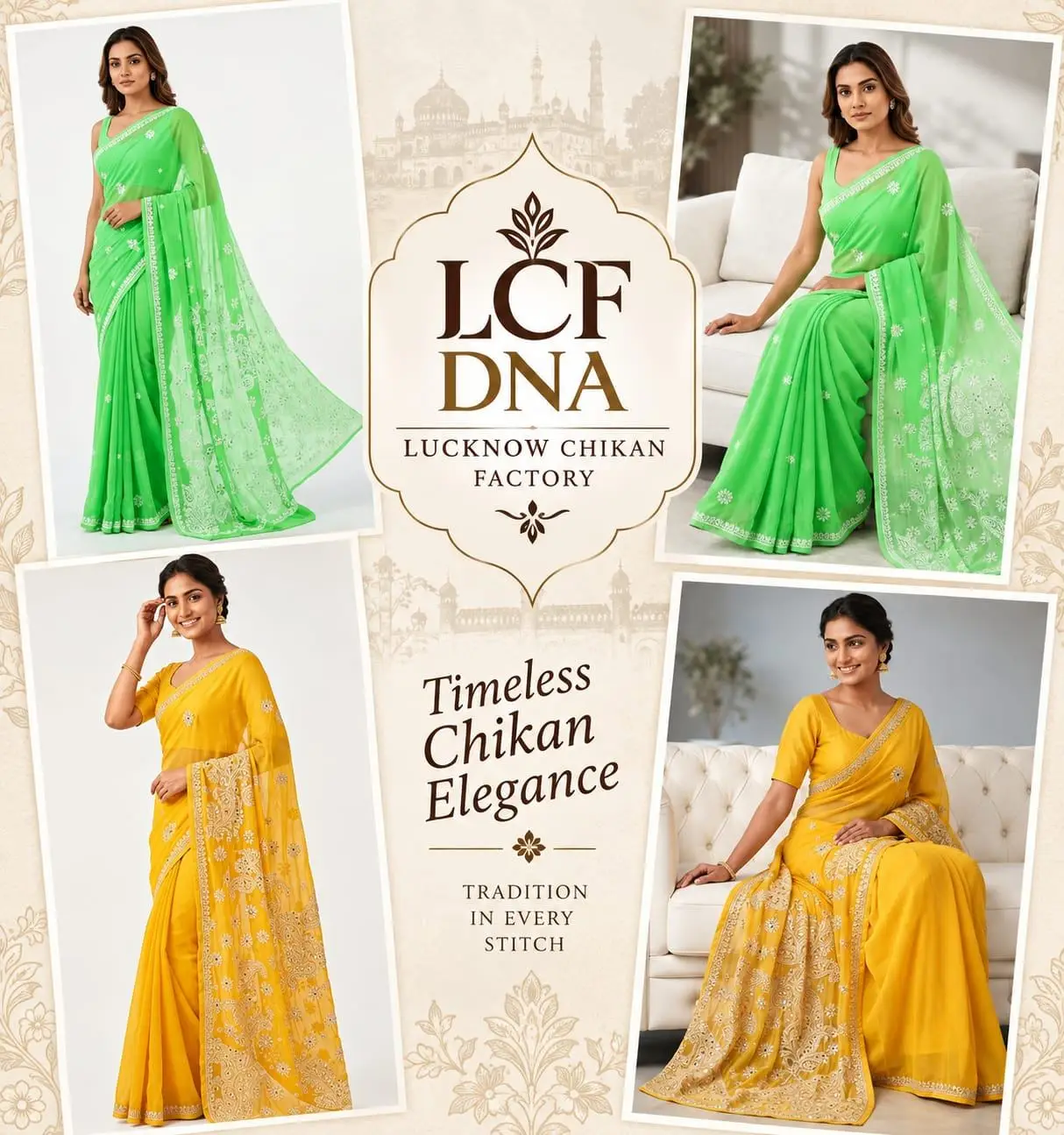 LCF CHIKAN EMBROIDERY CHIFFON SAREE - GREEN view 3