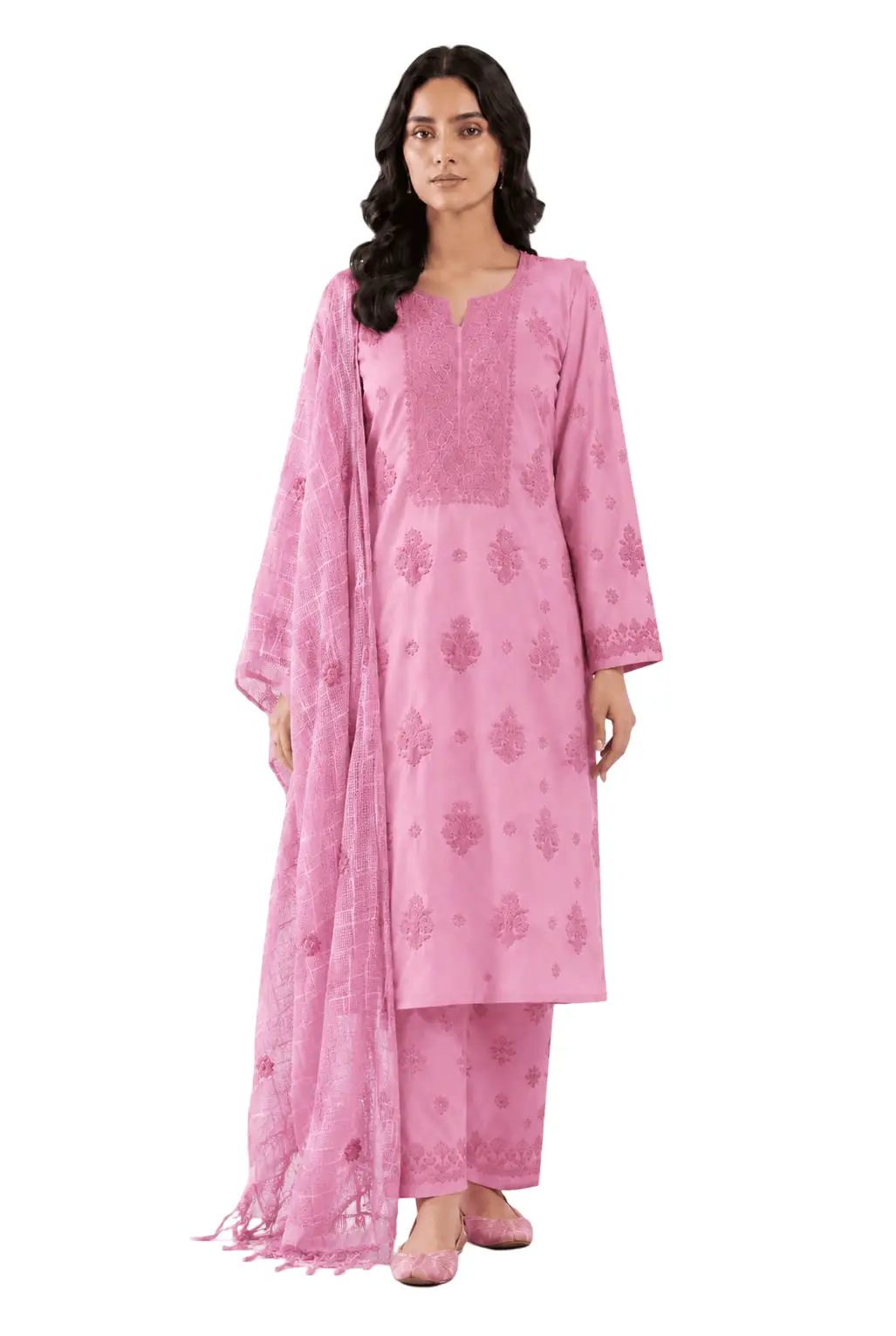 UNSTITCHED CHIKAN EMBROIDERY MODAL DRESS MATERIAL (KURTI DUPATTA & BOTTOM) - PINK