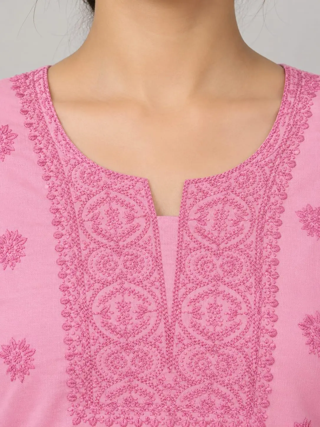 UNSTITCHED CHIKAN EMBROIDERY MODAL DRESS MATERIAL (KURTI DUPATTA & BOTTOM) - PINK view 2