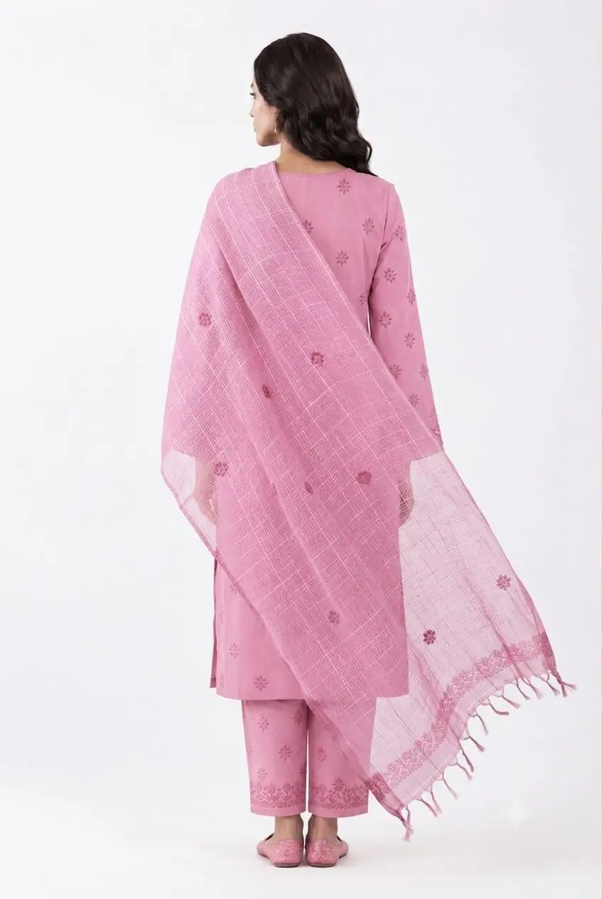 UNSTITCHED CHIKAN EMBROIDERY MODAL DRESS MATERIAL (KURTI DUPATTA & BOTTOM) - PINK view 3