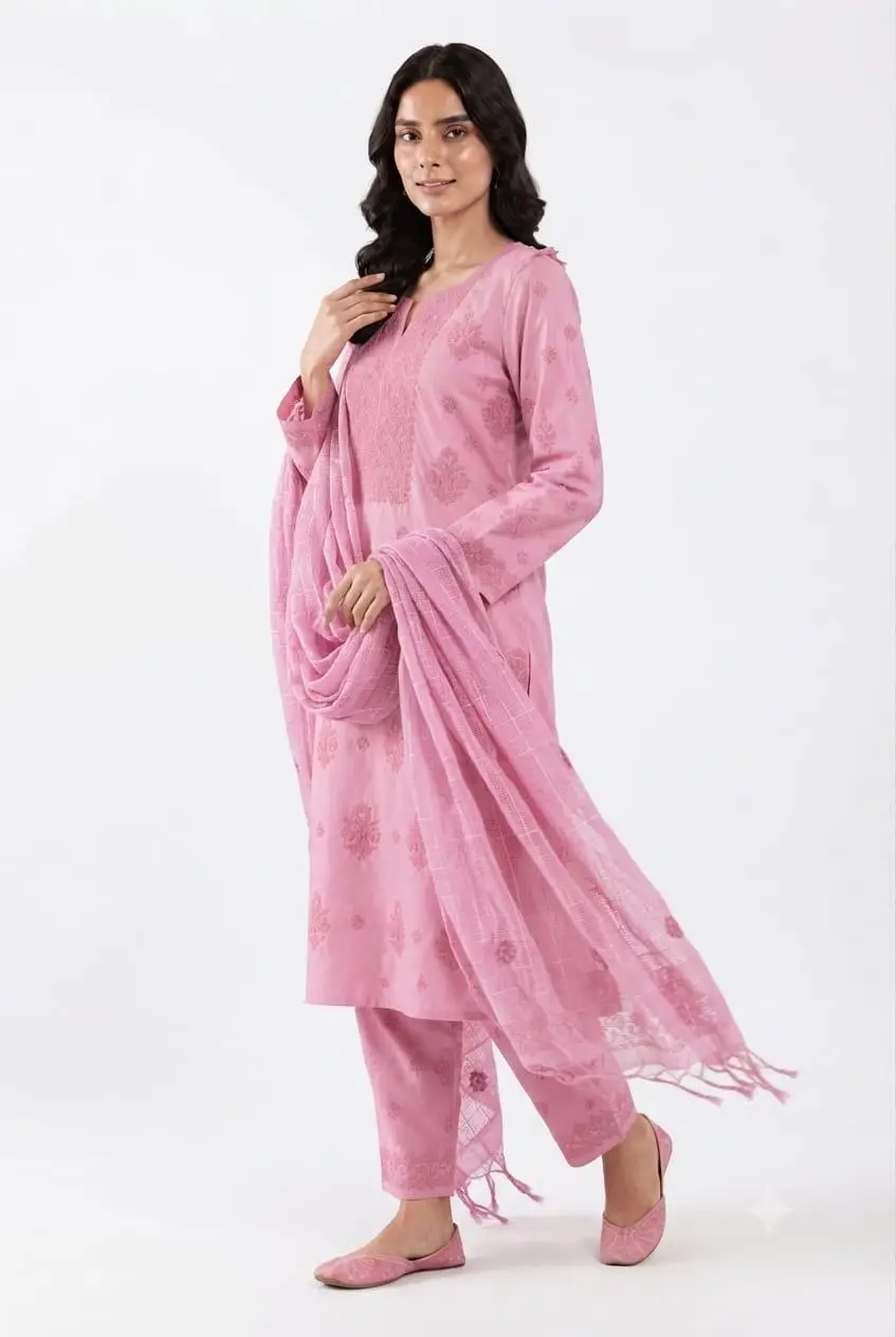 UNSTITCHED CHIKAN EMBROIDERY MODAL DRESS MATERIAL (KURTI DUPATTA & BOTTOM) - PINK view 4