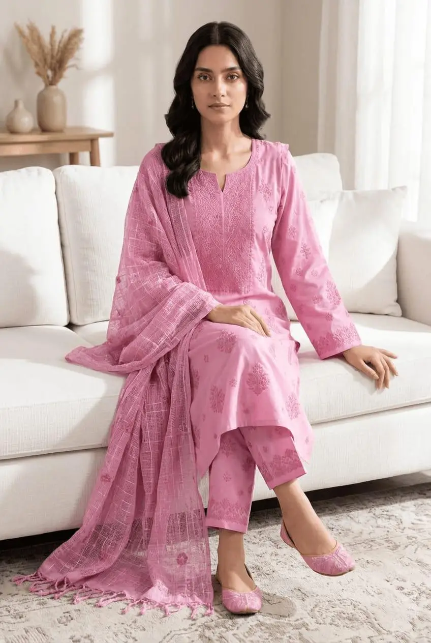 UNSTITCHED CHIKAN EMBROIDERY MODAL DRESS MATERIAL (KURTI DUPATTA & BOTTOM) - PINK view 5