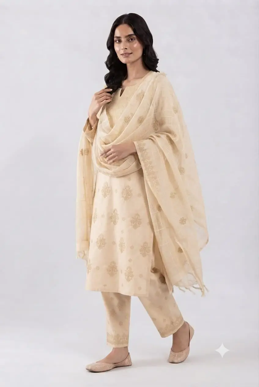 LCF CHIKAN  EMBROIDERY MODAL DRESS MATERIAL ( KURTI DUPATTA &  BOTTOM ) - ALMOND view 2