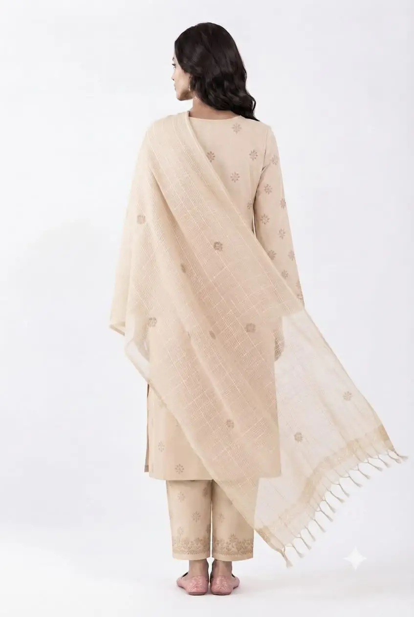 LCF CHIKAN  EMBROIDERY MODAL DRESS MATERIAL ( KURTI DUPATTA &  BOTTOM ) - ALMOND view 3
