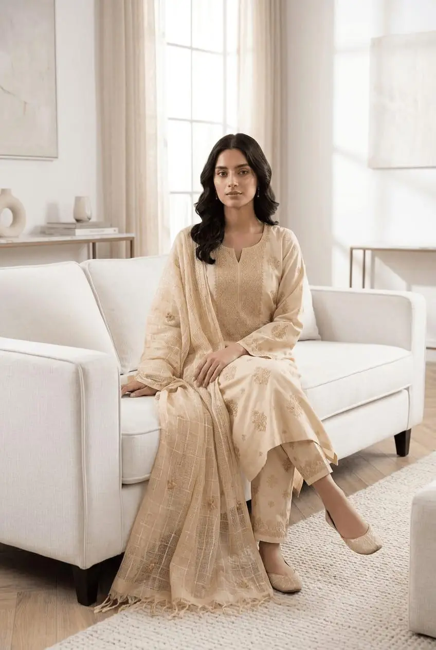 LCF CHIKAN  EMBROIDERY MODAL DRESS MATERIAL ( KURTI DUPATTA &  BOTTOM ) - ALMOND view 4