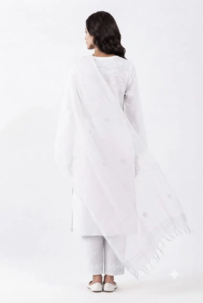 UNSTITCHED CHIKAN EMBROIDERY MODAL DRESS MATERIAL (KURTI DUPATTA & BOTTOM) - WHITE view 2