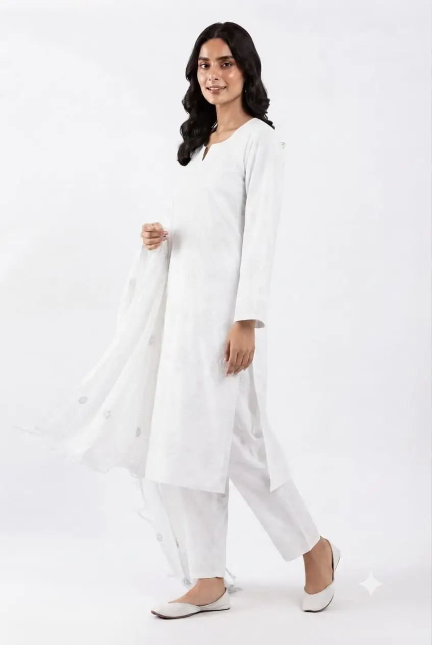UNSTITCHED CHIKAN EMBROIDERY MODAL DRESS MATERIAL (KURTI DUPATTA & BOTTOM) - WHITE view 3