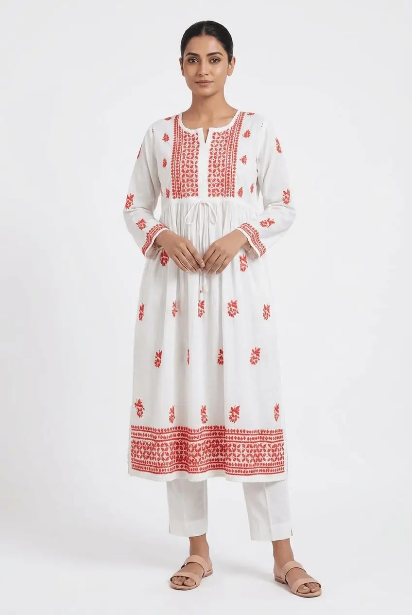 LCF CHIKAN EMBROIDERY MAL COTTON NAYRA LONG KURTI -CARROT