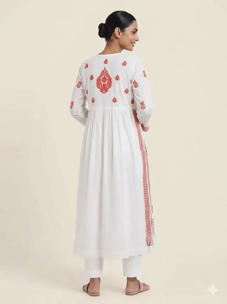 LCF CHIKAN EMBROIDERY MAL COTTON NAYRA LONG KURTI -CARROT view 2