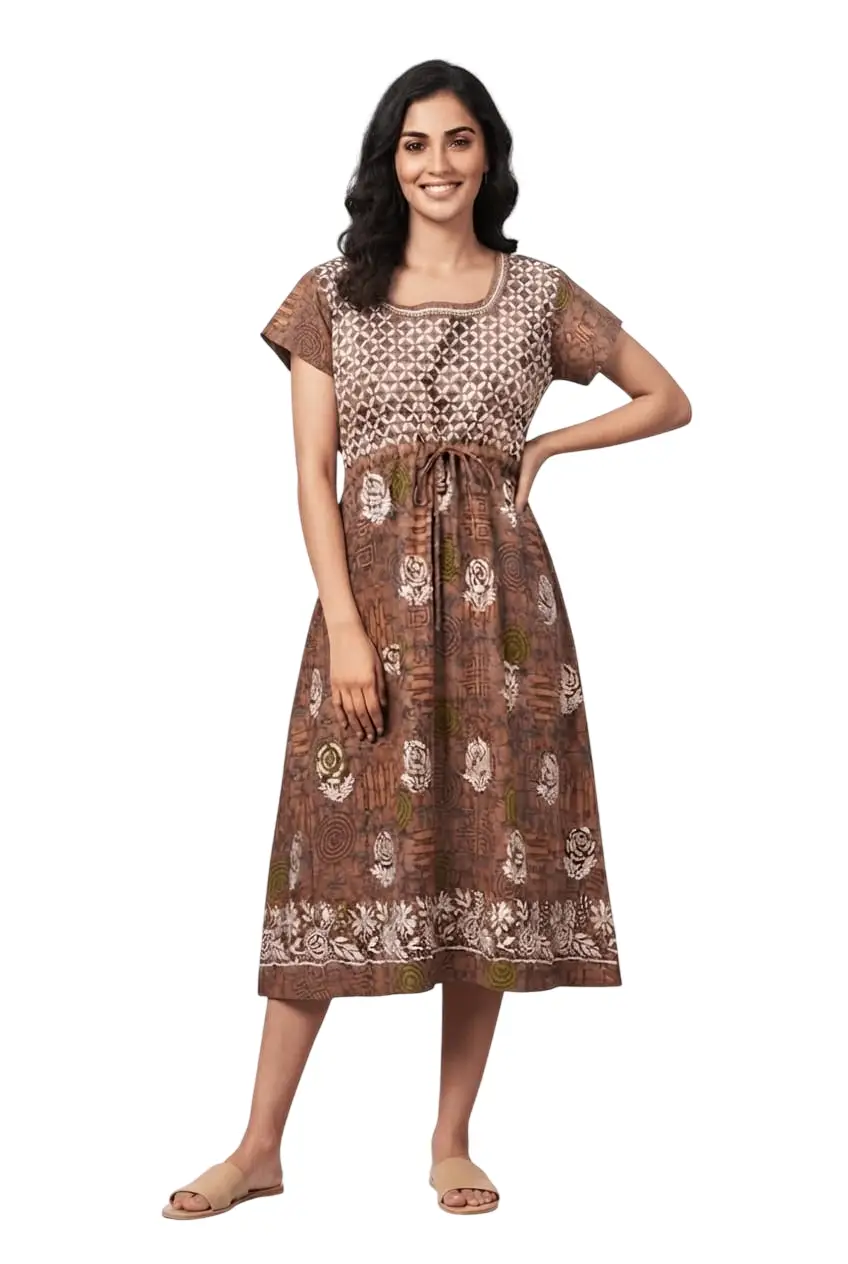 LCF CHIKAN EMBROIDERY PRINTED FROCK - BROWN