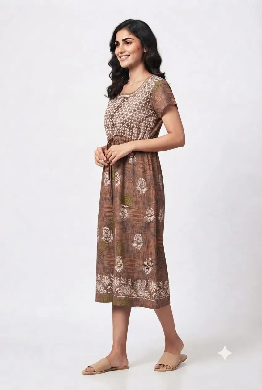 LCF CHIKAN EMBROIDERY PRINTED FROCK - BROWN view 2