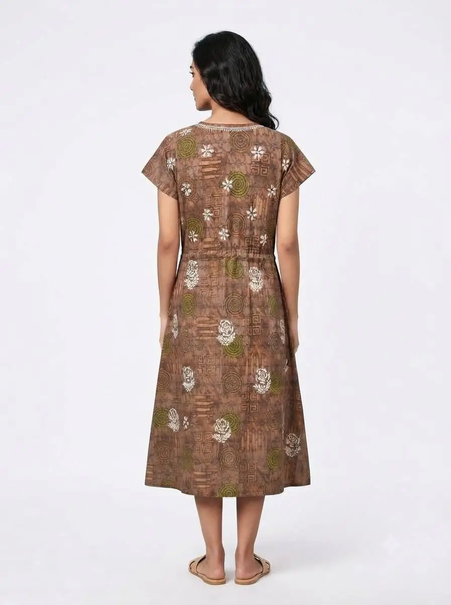 LCF CHIKAN EMBROIDERY PRINTED FROCK - BROWN view 3
